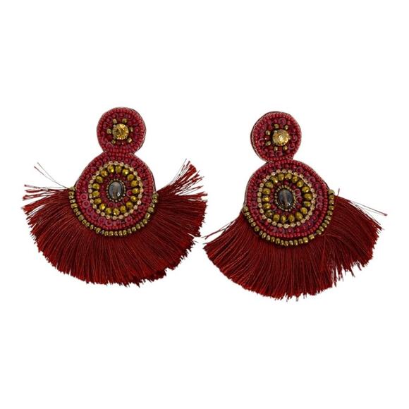 Boho Red Beaded Fringe Fashion Earrings - Picture 1 of 3
